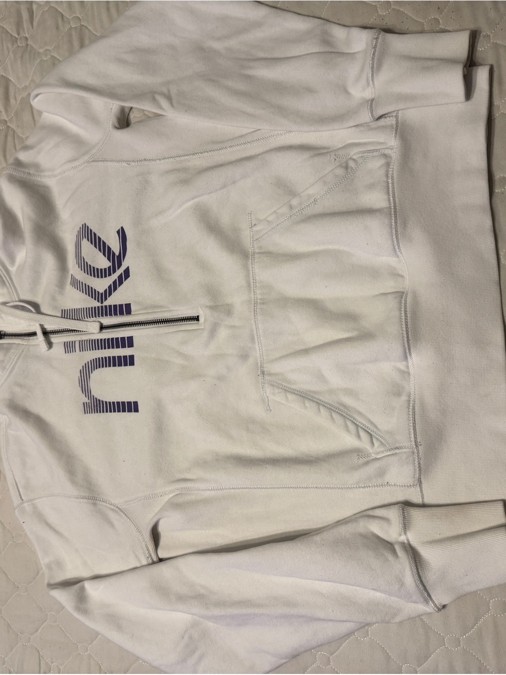 Nike White Hoodie with Gray Nike Tag and Black Zipper